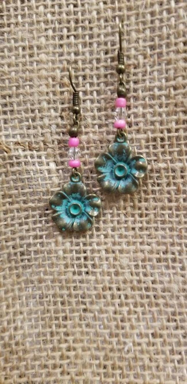 Copper Vintage Patina Flower Dangle Earrings